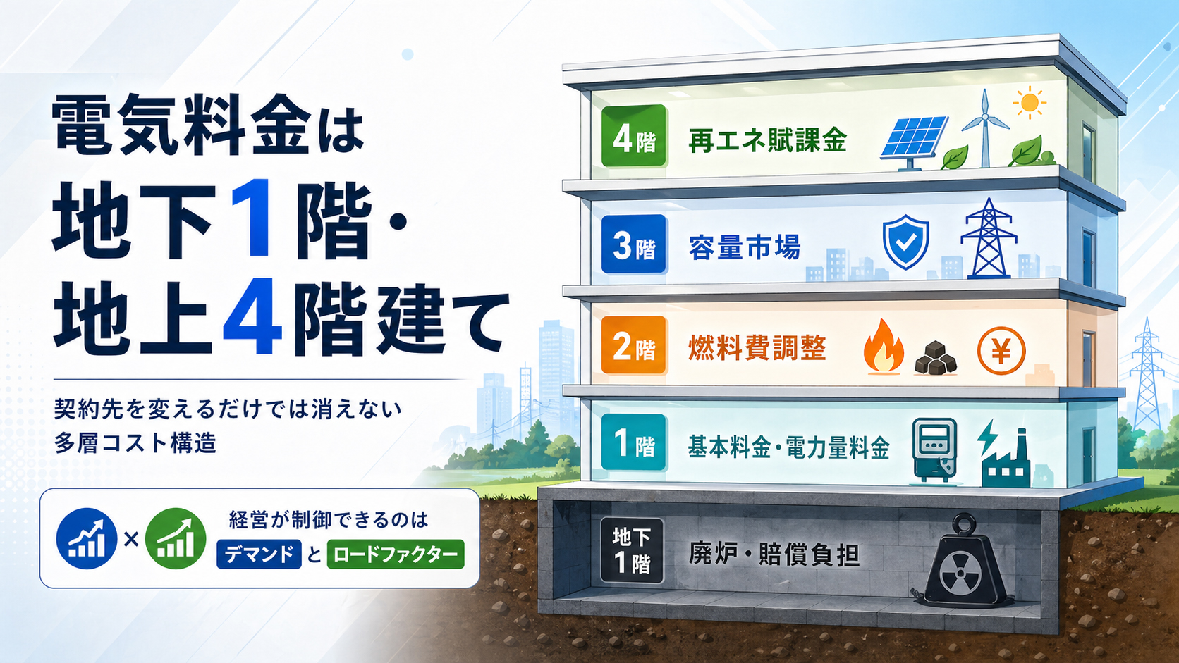 電気料金が地下1階・地上4階建ての多層コストになっていることを示すイメージ