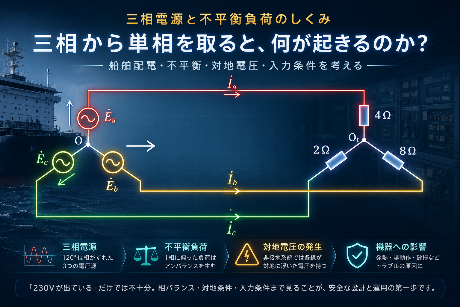 船舶DX時代の電子機器と三相電源。三相から2線を取れば単相なのかを説明する図解