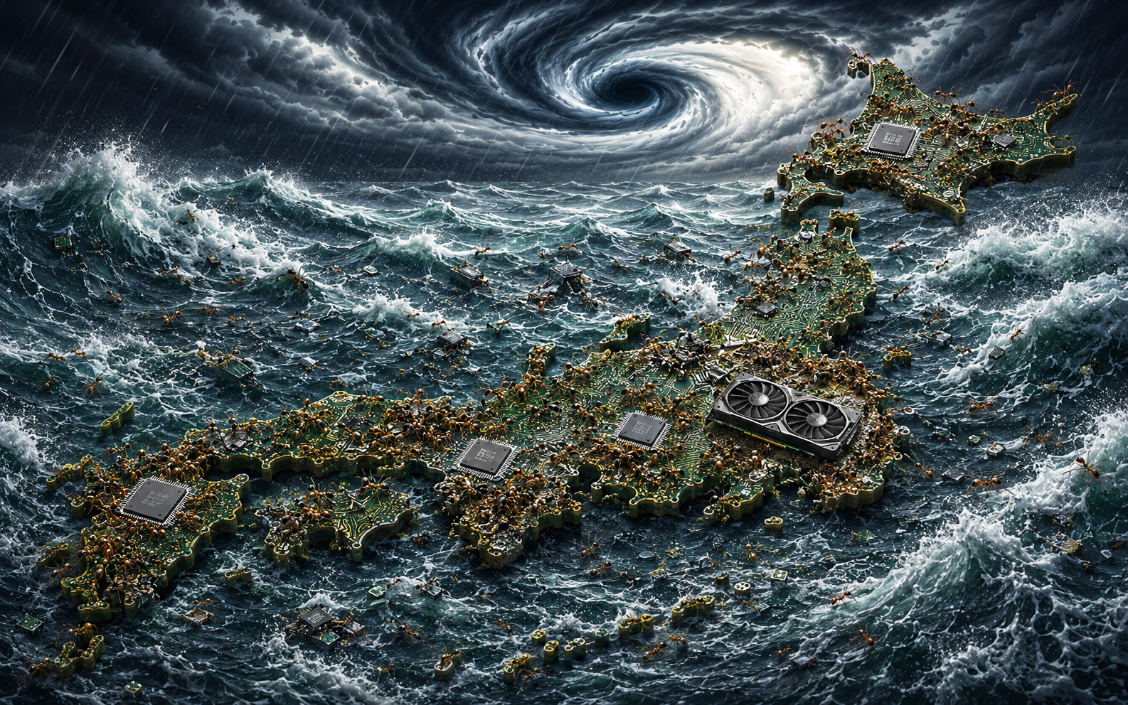 Conceptual image of a society dependent on invisible power, communications, cloud, and infrastructure support systems